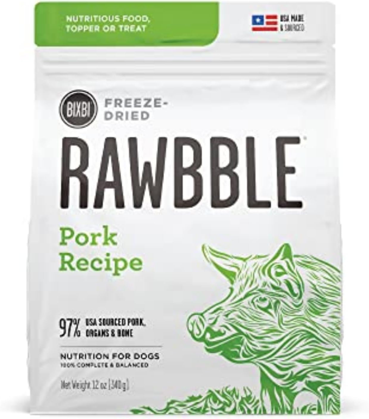 Liberty Freeze-Dried Dog Food Topper & Treats, Pork – 97% Meat & Organs, No Refrigeration – USA Made, 12 Oz
