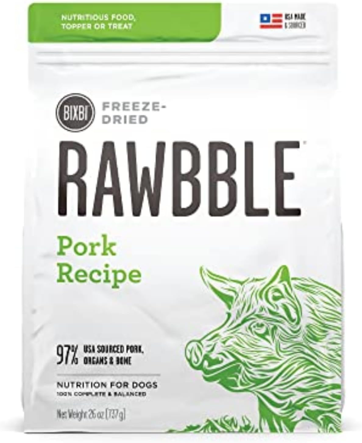 Liberty Freeze-Dried Dog Food Topper & Treats, Pork – 97% Meat & Organs, No Refrigeration – USA Made, 26 Oz